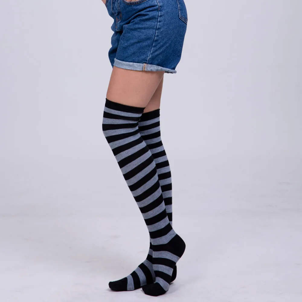 Thigh High Socks Women Stockings Cotton Thigh High Mixed Rainbow Striped Long Stockings Knitted Ladies Over The Knee Socks