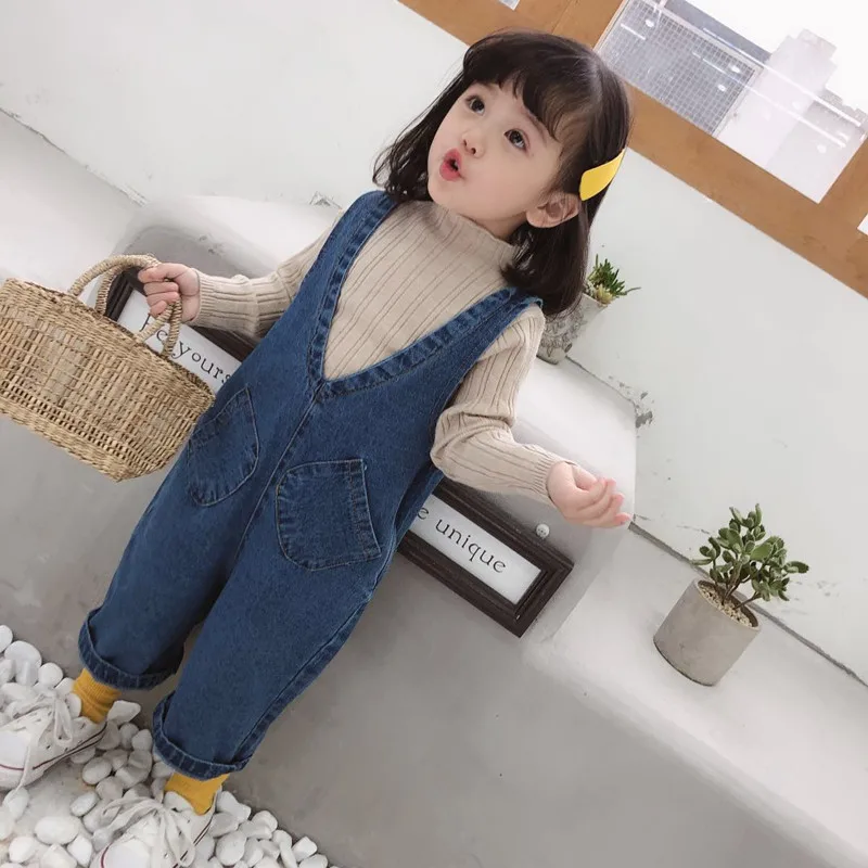 

2019 new spring and autumn cute girls casual solid color pocket denim overalls Korean wide leg trousers