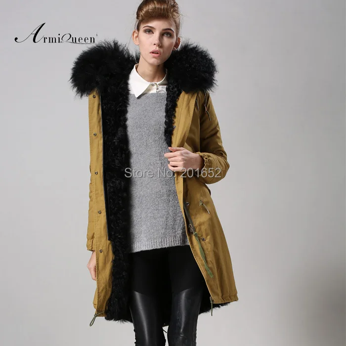 Теплое зимнее пальто Верхняя одежда с капюшоном Шерсть Меховая подкладка Куртки Мех животных Женская парка Mujer casaco