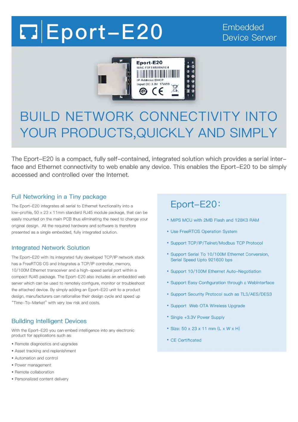 E Порт-E20 FreeRTOS сетевой серверный порт ttl последовательный в Ethernet встроенный модуль DHCP 3,3 В TCP IP Telnet CE сертифицированный
