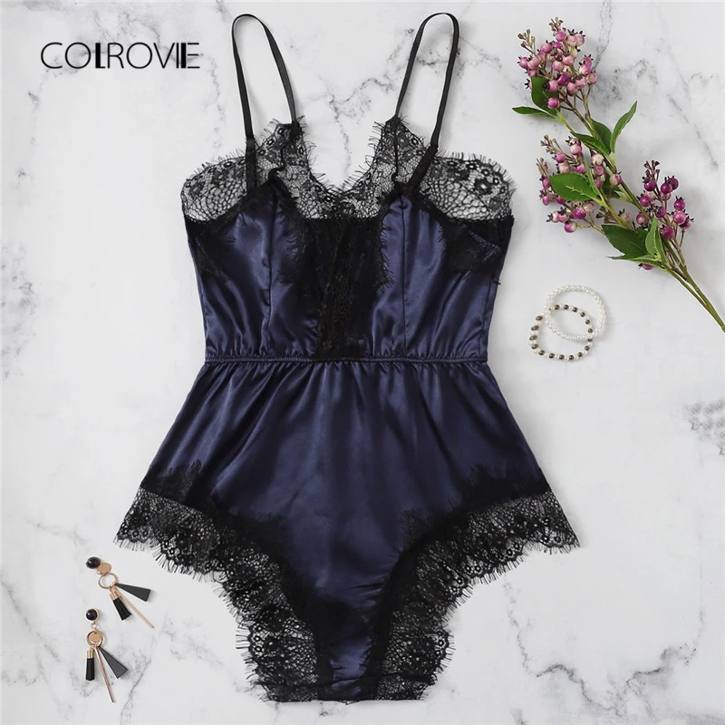

COLROVIE Navy Solid Lace Trim Satin Romper Lingerie Teddy Bodysuit Women Pink Pajama Lounge Onesie Sexy Sleepwear One Piece