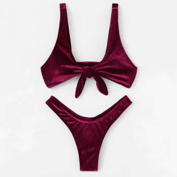 

Swimwear Women 2019 Brazilian Bikini Velvet Swimsuit Solid Bathing Suit Thong Swimming Suit For Women May Bathers Sexy Beachwear