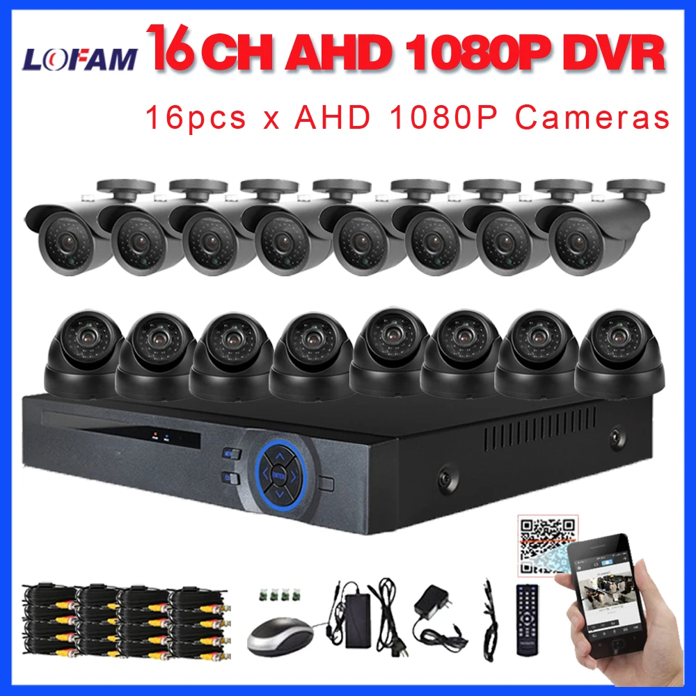 

LOFAM 16CH AHD DVR Kit 1080P CCTV System 16 channel AHDH DVR Recorder 2.0MP IR Outdoor Bullet Dome AHD Camera System Phone VIEW