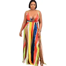 Sexy V-neck split color striped strap dress summer new women's fashion casual dress casual striped color block dress