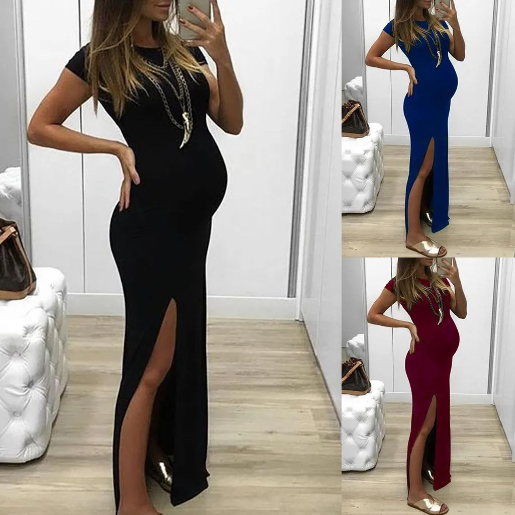 

MUQGEW summer clothes for women Fashion Women Solid Short Sleeve Bodycon Open Fork Pregnancy Maternity Dress ropa embarazadas