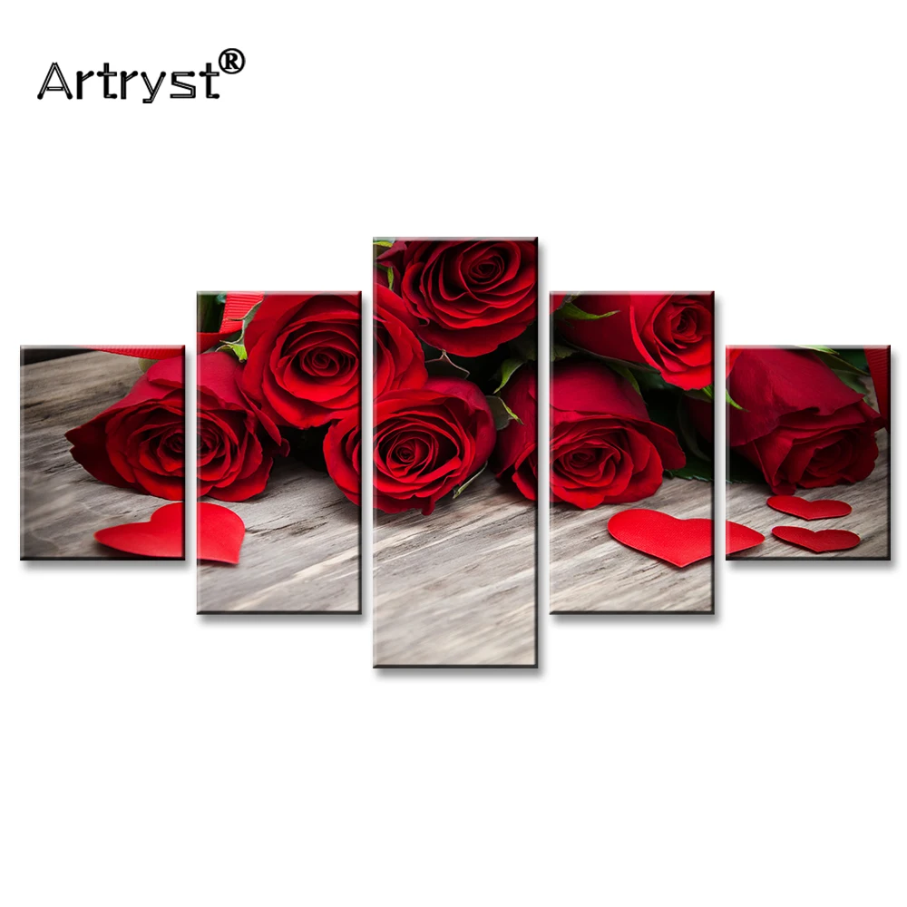 Artryst холст живописи HD печать красный плакат с розами 5 шт. модульная рамкой стены