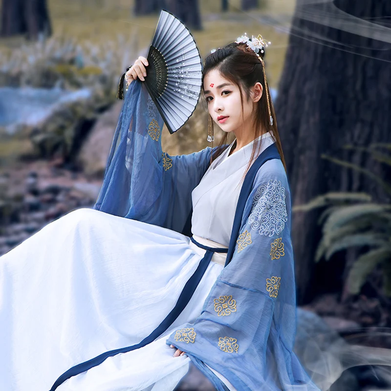 Платье Hanfu Женская традиционная китайская одежда с большим рукавом юбка вышитая
