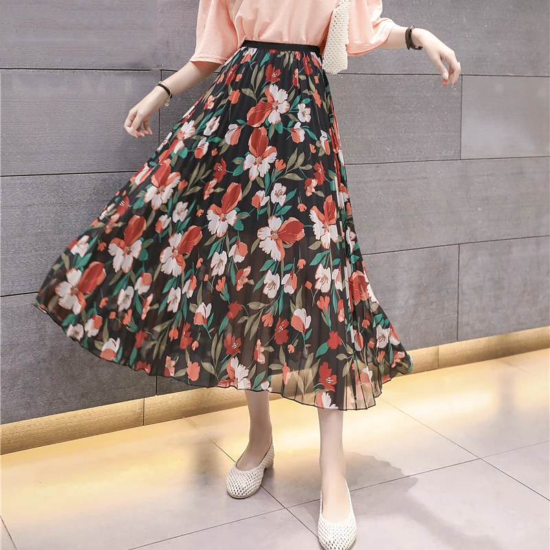 

Women Boho Summer Beach Chiffon Floral Long Skirt Elegant Ladies Party Club Pleated Skirt Dames High waist Streetwear