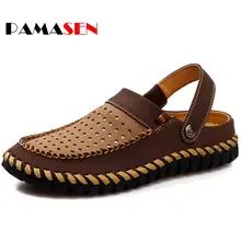 PAMASEN Arrivée En Cuir Souple Sandales de Plage pour Hommes, À La Main En Cuir Véritable Chaussures D’été Mâle À Coudre Classiques Pantoufles pour Hommes
