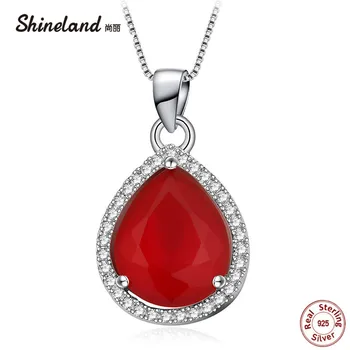 

Shineland 2018 New Arrival Red Green Stone With 925 Sterling Silver Fashion AAA Zircon Waterdrop Women Charm Necklace & Pendant