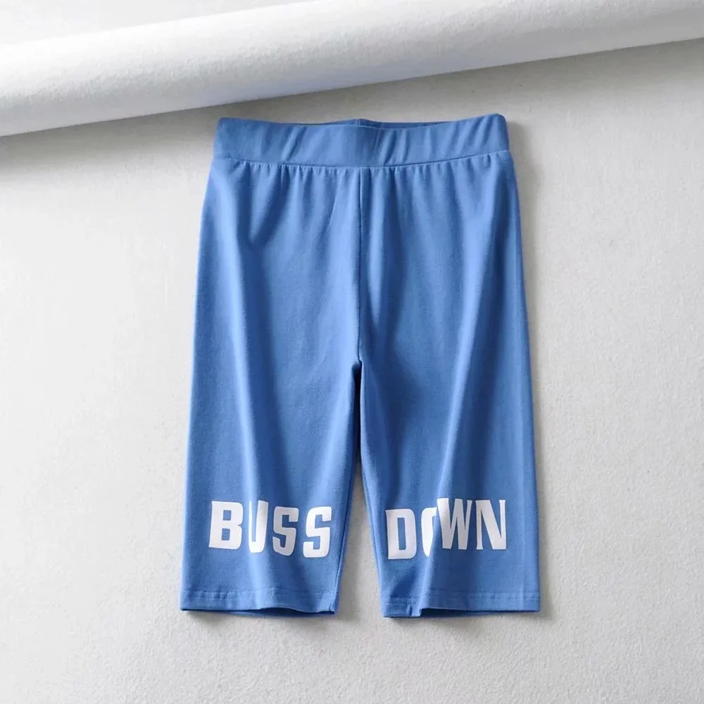 BUSS DOWN print Womens Biker Shorts High Waist skinny sexy Shorts Active Fitness Gym Summer Shorts Streetwear Slogan Shorts - Цвет: Blue