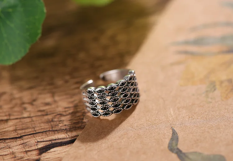 Ретро тайские серебряные черные кристаллы, цветок стерлингового серебра 925 женские кольца на палец ювелирные изделия женские открытые кольца вечерние подарок на помолвку