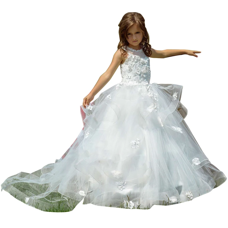 white first communion dresses long lace girls dress kids ball gown tiered fluffy dress for girls white flower girls tulle dress