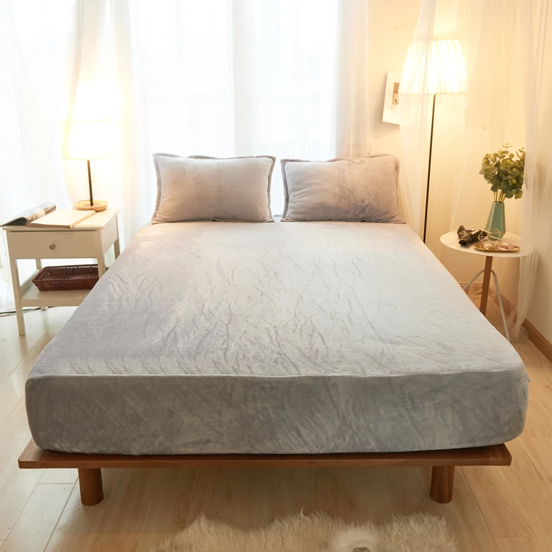 

Silver Grey Solid Color Polyester 3Pcs Flannel Fabric Solid Fitted Sheet Mattress Cover Four Corners With Elastic Band Bed Sheet