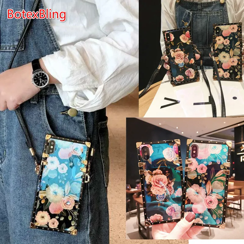 

Luxury laser flower crossbody bag strap phone case for iphone 11 pro max case for iphone XS MAX case X XR 6 6s 7 8 Plus 7plus for samsung galaxy note10 pro S8 S9 S10 plus note9 note8 A10 A20 A30 A50 A70 M20 m30 cover