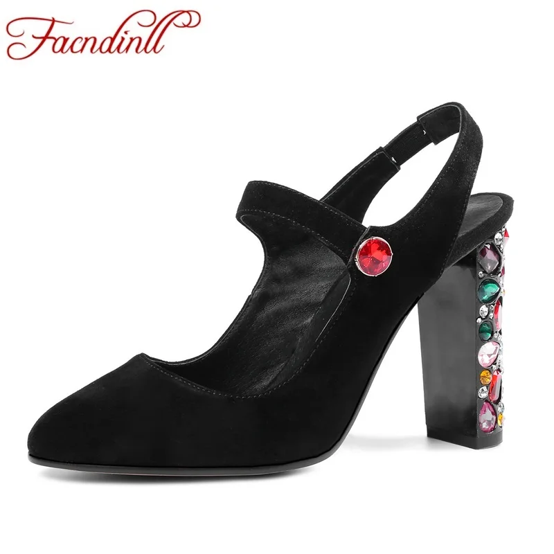 

FACNDINLL fashion pumps 2018 genuine leather shoes women pumps rhinestones high heels Mary Janes spring summer party shoes woman