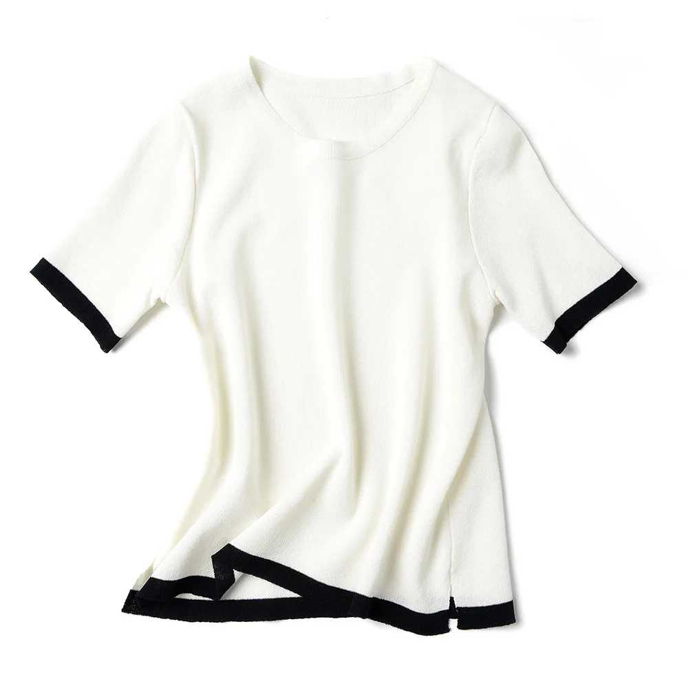 

2019 Summer New Arrival Korean Version Simple Ramie Knitted Thin Short Sleeve Short Colour Matching O Neck T-shirt Women's Top