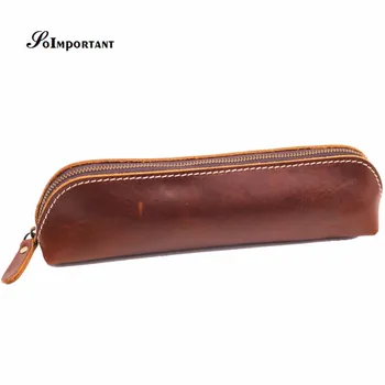 

Vintage Genuine Leather Pens Pencil Pouch Pocket Case Women Wallets Female Coin Purse Handmade Zipper Organizer Cosmetic Pen Bag