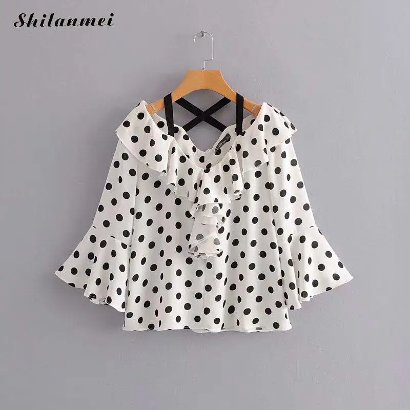 Fashion Ruffle Women Blouse And Shirt Casual Dot Print Tops Blouse Shirts Blusas Mujer De Moda Sexy V Neck Backless White Shirt