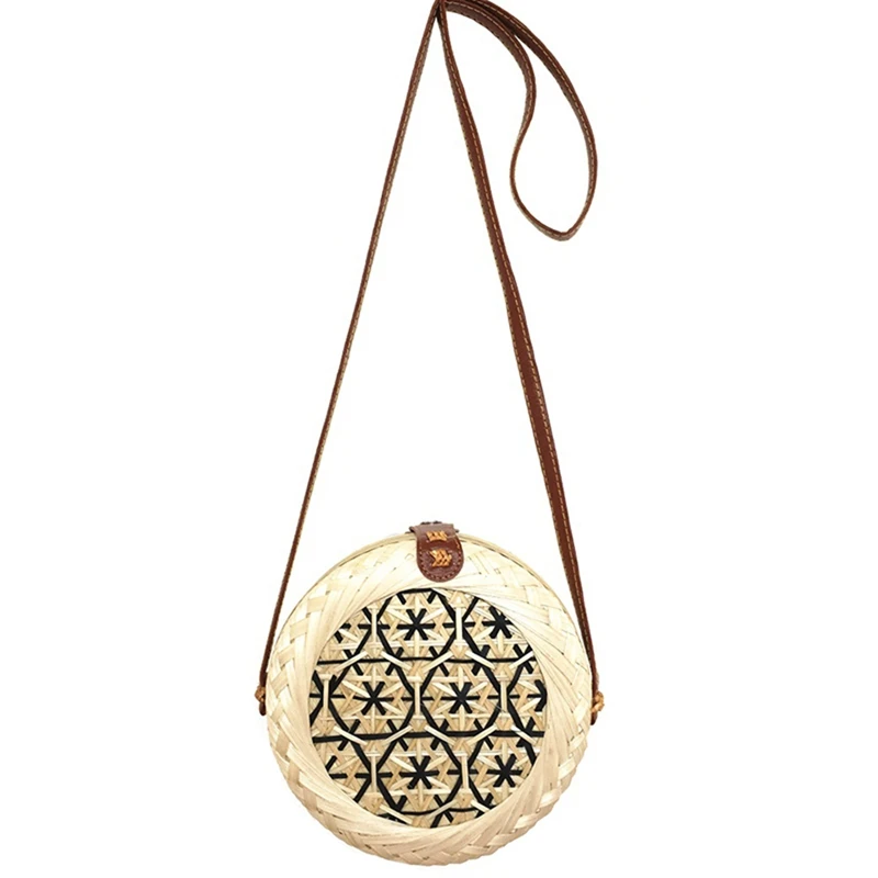 

New Round Straw Beach Bag Women Bamboo Handbag Circle Rattan Bag Colorful Flower Pattern Design Female Crossbody Shoulder Bags