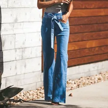 Осенние расклешенные джинсы женские Джинсовая ткань брюки винтажная женская одежда осенние брюки с высокой талией Элегантные джинсы-стретч