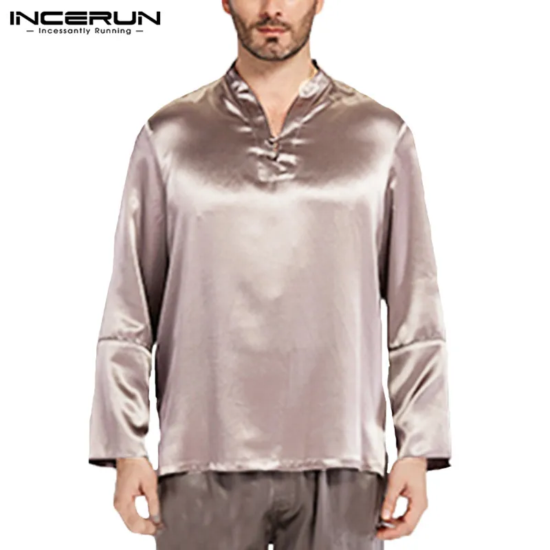 INCERUN Модная шелковая, сатиновая Пижама Для мужчин, сна топы с длинным рукавом v-образным вырезом Футболка однотонные топы мягкие Для мужчин Домашняя одежда плюс Размеры - Цвет: Gray