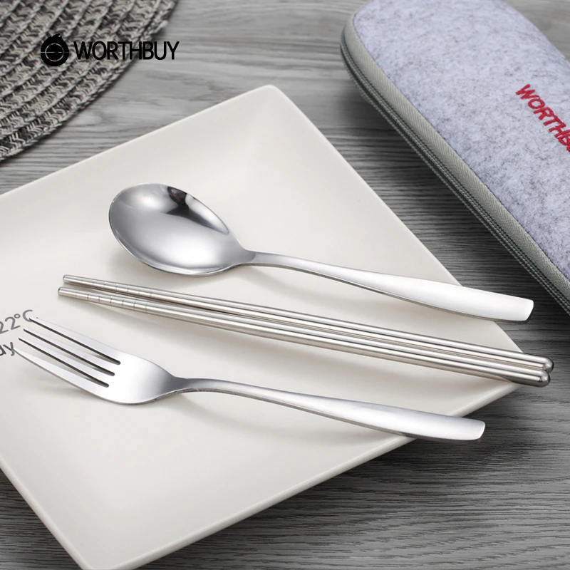 WORTHBUY Portable Dinnerware Set Stainless Steel Cutlery With Wheat Straw Handle Tableware Set For Kids School Dinner Set