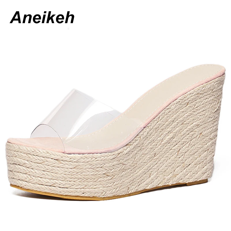 Aneikeh/ г. модные летние женские вулканизированные туфли из PU искусственной кожи прозрачные слипоны на высоком тонком каблуке для офиса, однотонные, розовые, черные, размеры 34-40