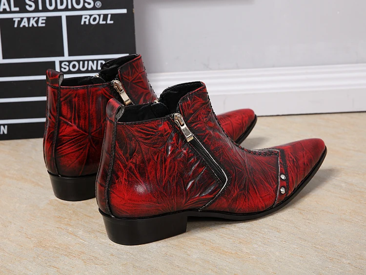 Décontracté Black De Coudre Tendance Partie Gaufré Rétro red Hommes À Cuir Chaussures Pour Bottes Bottines Cowboy Westorn Travail Chelase Mode EYH92IWD