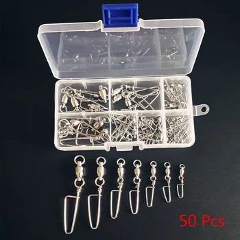 

50Pcs/pack Fishing Swivels Snap Rolling Swivel Connector Ball Bearing Curve Type Pin Stainless Steel with tackle box
