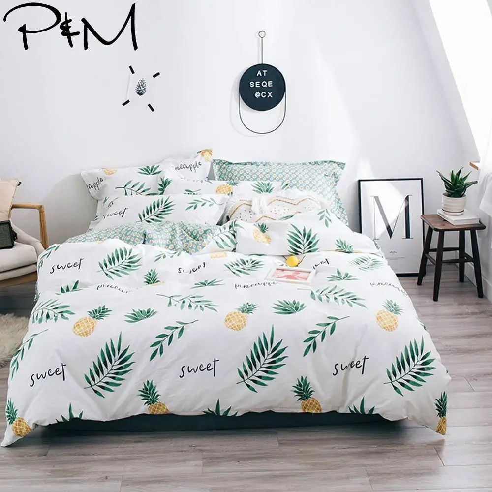 

2019 Green Leaves Yellow Pineapples Duvet Cover Set Twin Queen King Size Cotton Bedding Set Flat Sheet Bedlinens Bed Cover