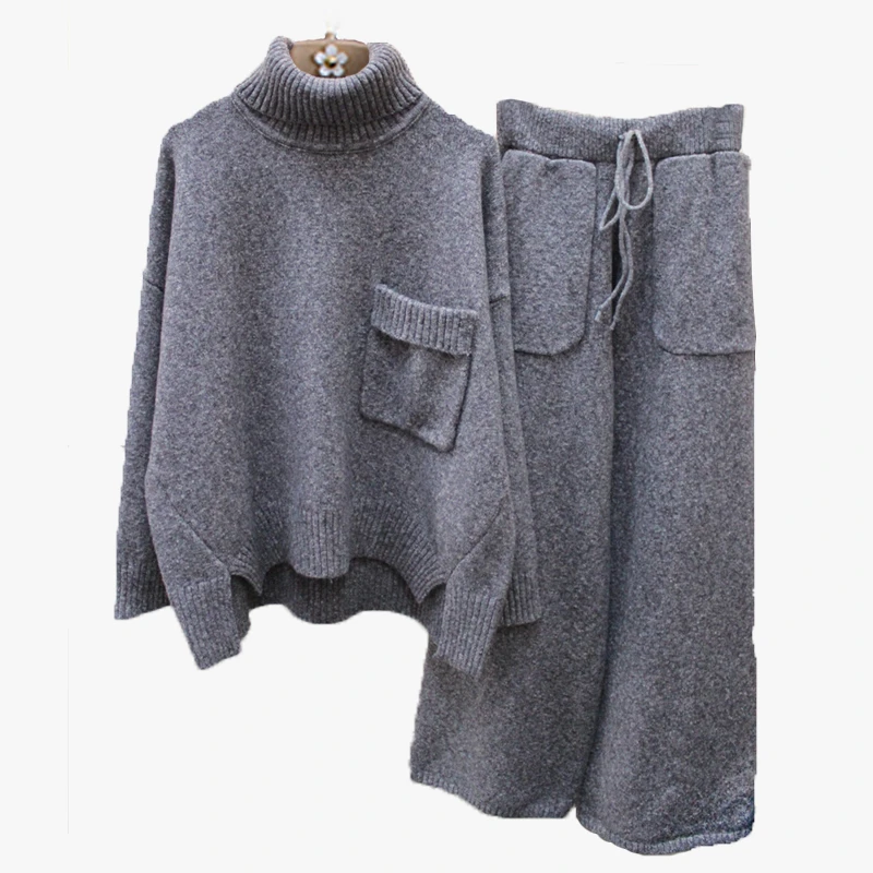 new fahion cashmere wool blends knit women turtleneck sweater suits pullover wide leg pant 2pcs/set one&over size