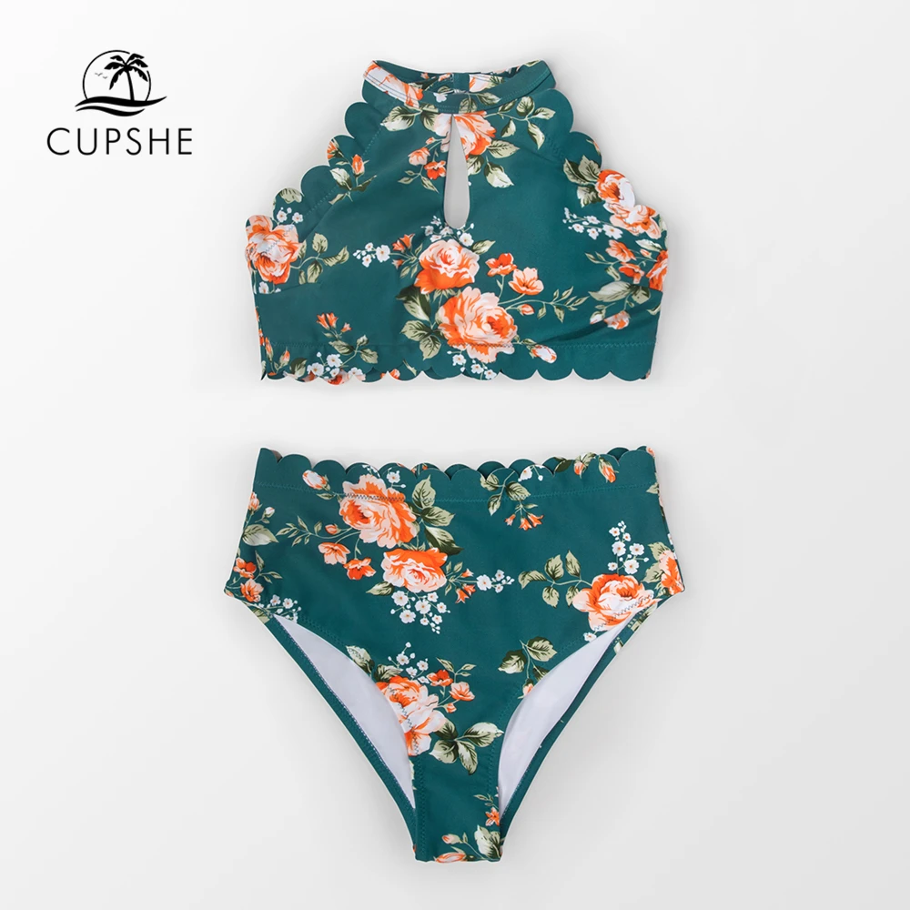 Preise CUPSHE Grün Floral Halter Bikini Sets Frauen Sexy Hohe Taille Zwei Stück Badeanzug 2020 Mädchen Boho Badeanzüge