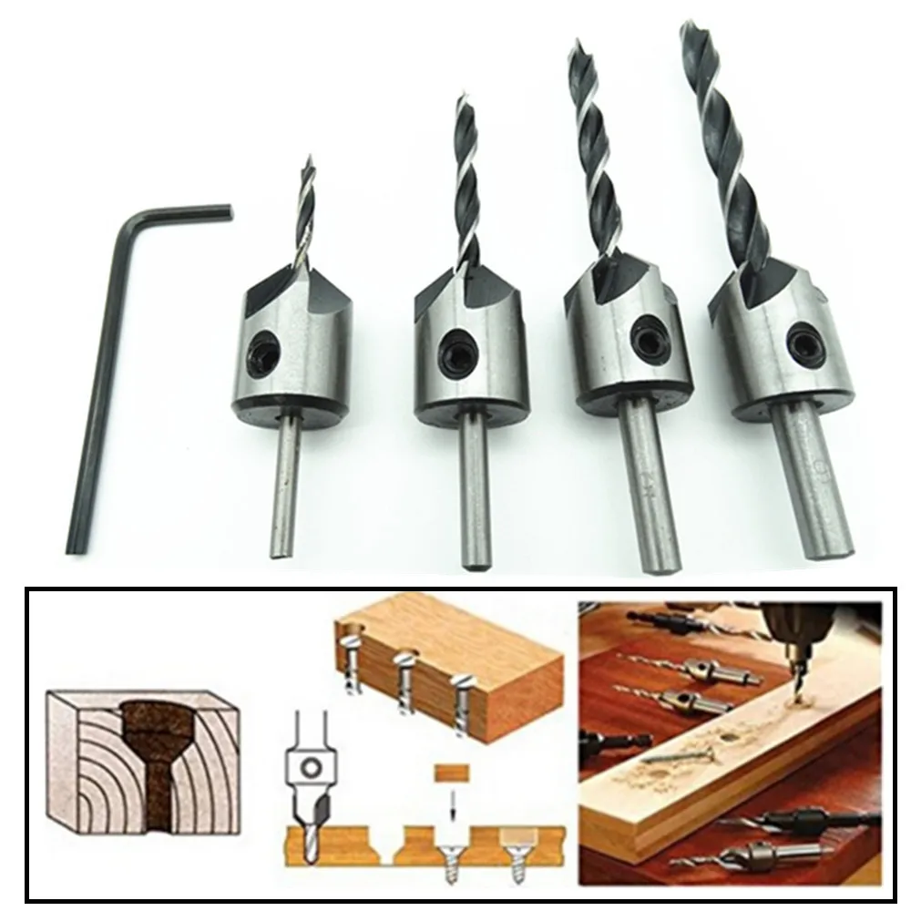  4pcs HSS 5 Flute Countersink Drill Bit Set Carpentry Reamer Woodworking Chamfer End Milling Wood To