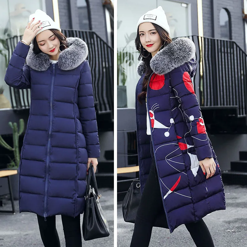 Двухсторонняя зимняя женская куртка с меховым воротником и капюшоном, Женское пальто, длинная парка, высокое качество, женские парки - Цвет: Navy Blue