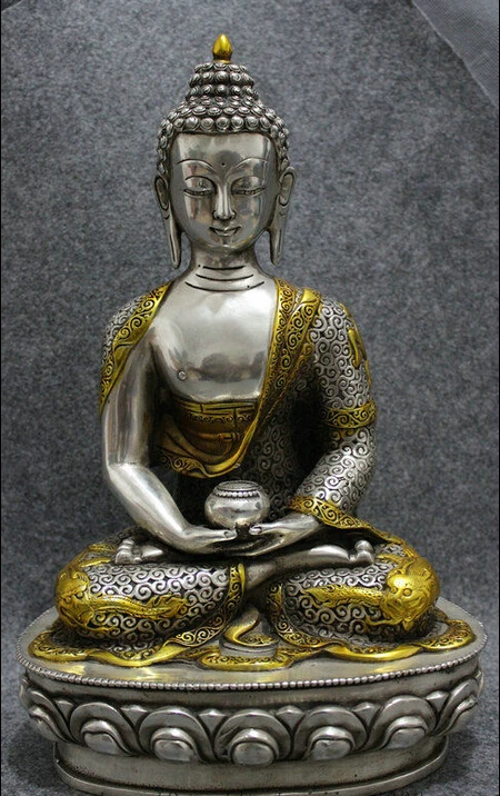 

13" Tibet Silver Gilt Dragon Joss Shakyamuni Sakyamuni Buddha Robe Bowl Statue