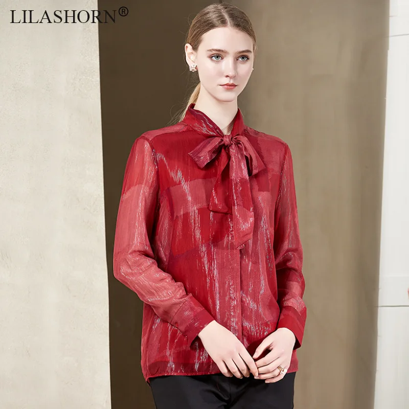 LILASHORN Women 2019 New Red Real Silk Shirt Long Sleeve Bowknot Collar