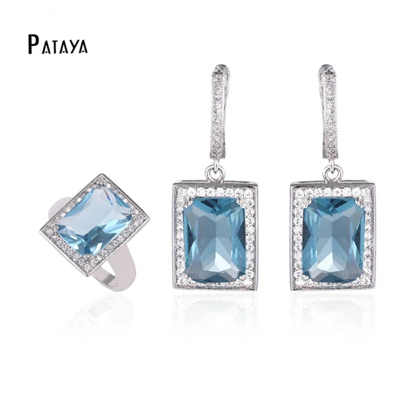 Pataya New Fashion Jewelry Set True White Gold Color Blue Natural Zircone Ring Orecchini Set Decorazione Di Nozze Fine Jewelry Set