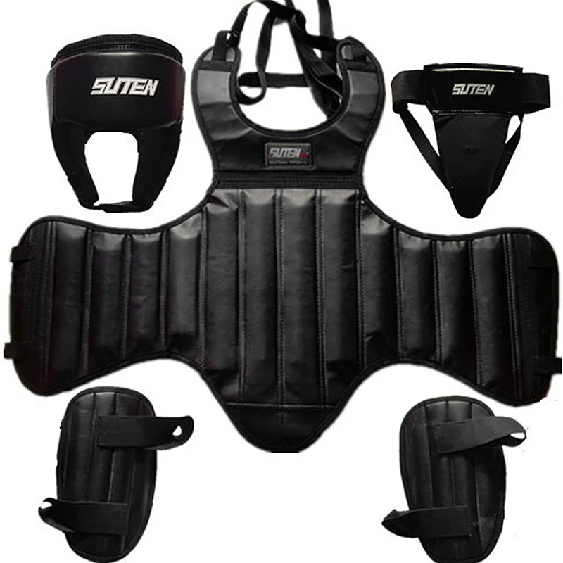 

Training Equipment Boxing Protective Gear Brand PU Leather Sanda 4pcs Set Thick Head Guard Chest Protector Jockstrap Leg Shield