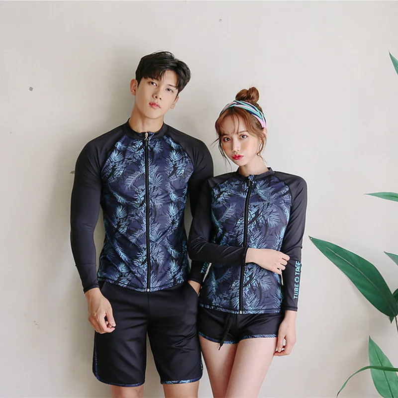 Men's 2 pcs / Women's 3 pcs Set Zip Front Long Sleeve Top and Bottoms Rashguards Swimsuit Swim Sun Shirt Trunks Matching Couples