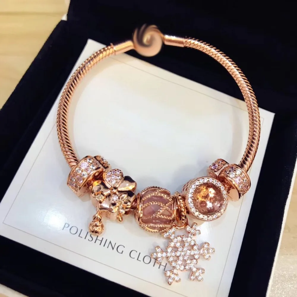 

Original 100% 925 Silver Charm High Quality Golden Snowflake Flowers Women Charm Copy Jewelry For Women 1:1 With Logo Bracelet