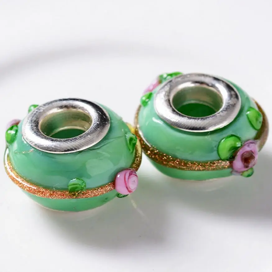 50 шт./лот Мода Круглый цветок Lampwork Стекло большая дыра Бусины Fit европейский браслет DIY ювелирных подарок gb02