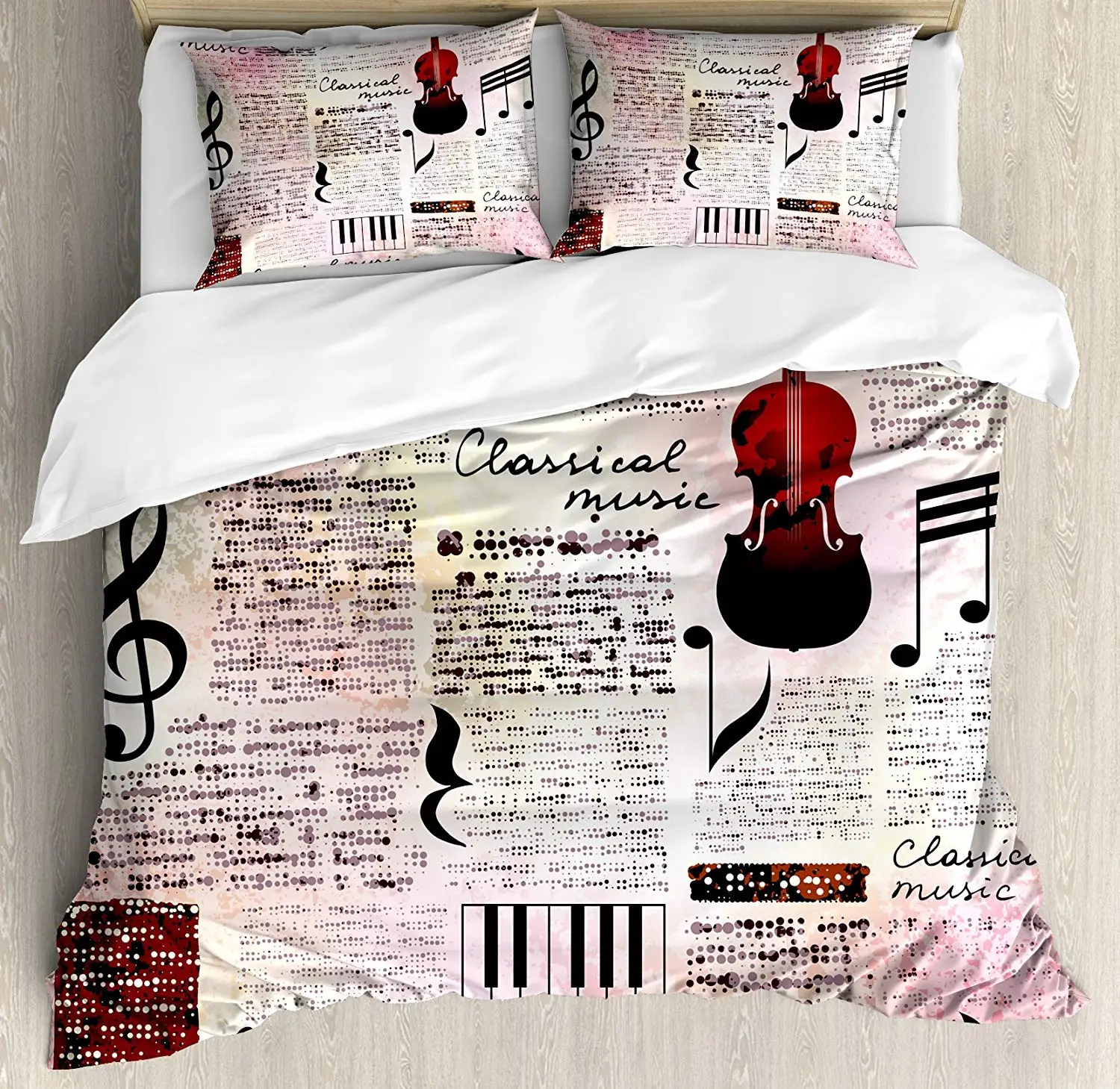 

Old Newspaper Decor Duvet Cover Set Queen Size Classical Music Theme Piano Violin Notes Symbols 4 Piece Bedding Set