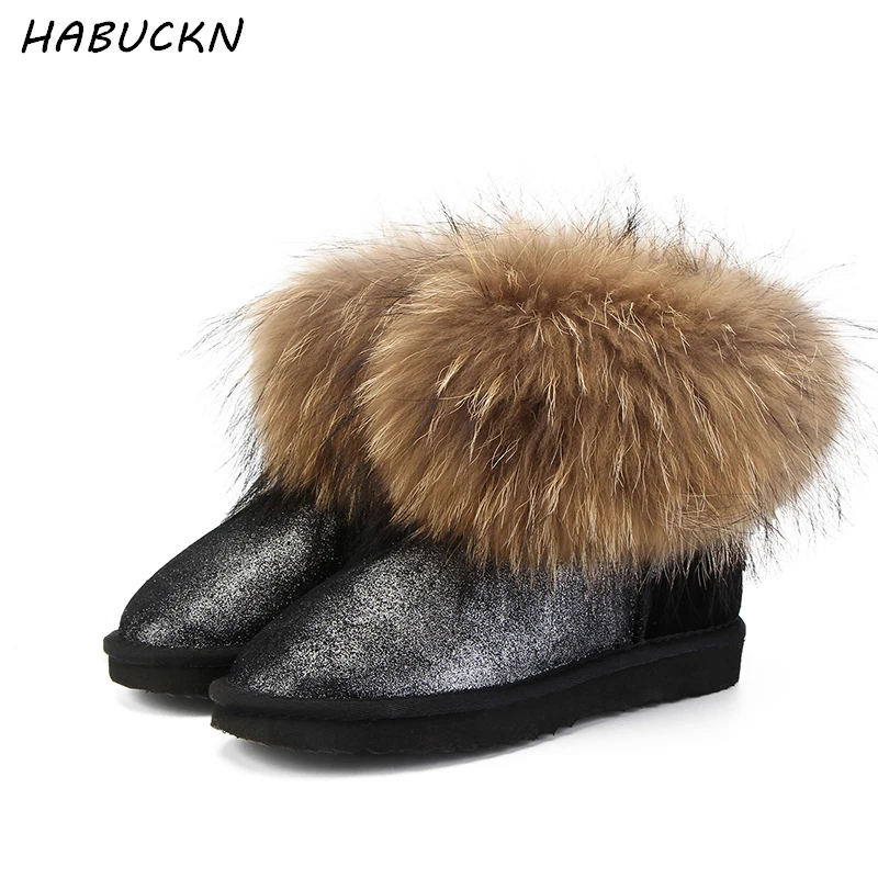 

HABUCKN Top Fashion Women's Natural Fox Fur Snow Boots 100% Genuine Cow Leather Winter Boots Female Winter Shoes Women Boots