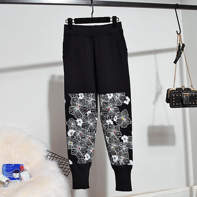 Трикотажные брюки+ топы, комплект одежды, Femme, 2 предмета, Pantalon, тяжелая работа, вышивка бисером, качественный спортивный костюм для женщин
