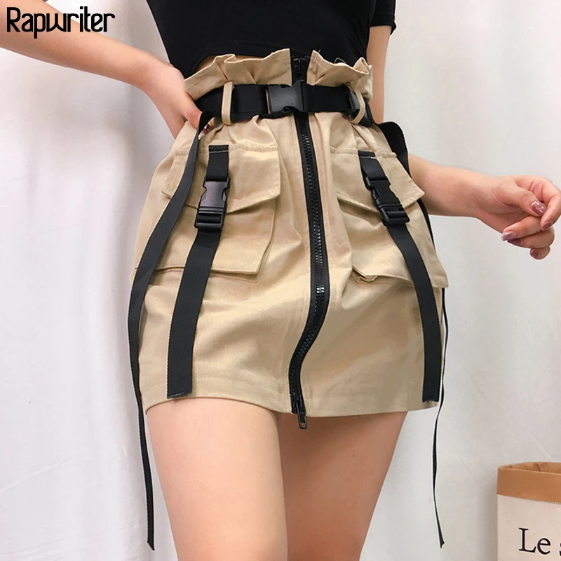 

Rapwriter Korean Harajuku Plastic Buckle Big Pocket Zipper Mini Skirt Women 2019 Streetwear High Waist Khaki Belt Skirts Saias
