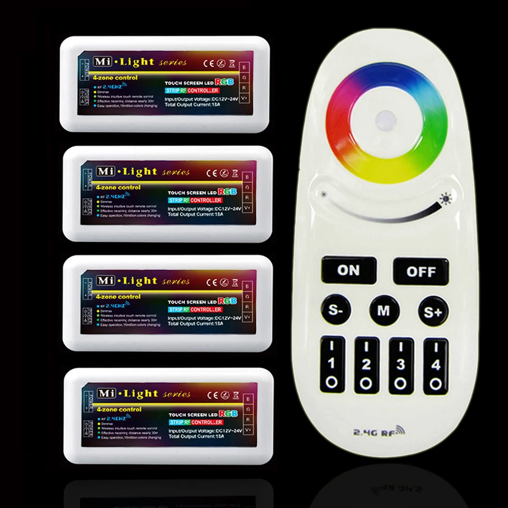 

1pcs Mi.Light 2.4G Wireless RF Remote + 4pcs 4-Zone RGB Controller FOR 5050 3528 5630 LED Strip