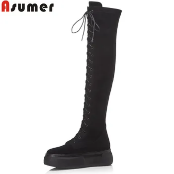 

ASUMER 2020 autumn winter boots round toe zip flat with platform over the knee boots lace up stretch fabric+cow leather boots
