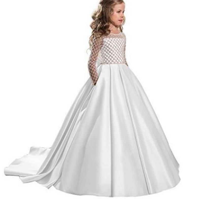 Сатиновое Тюлевое свадебное платье с длинными рукавами длиной до пола; платье с цветочным узором для девочек на свадьбу; платье для первого причастия