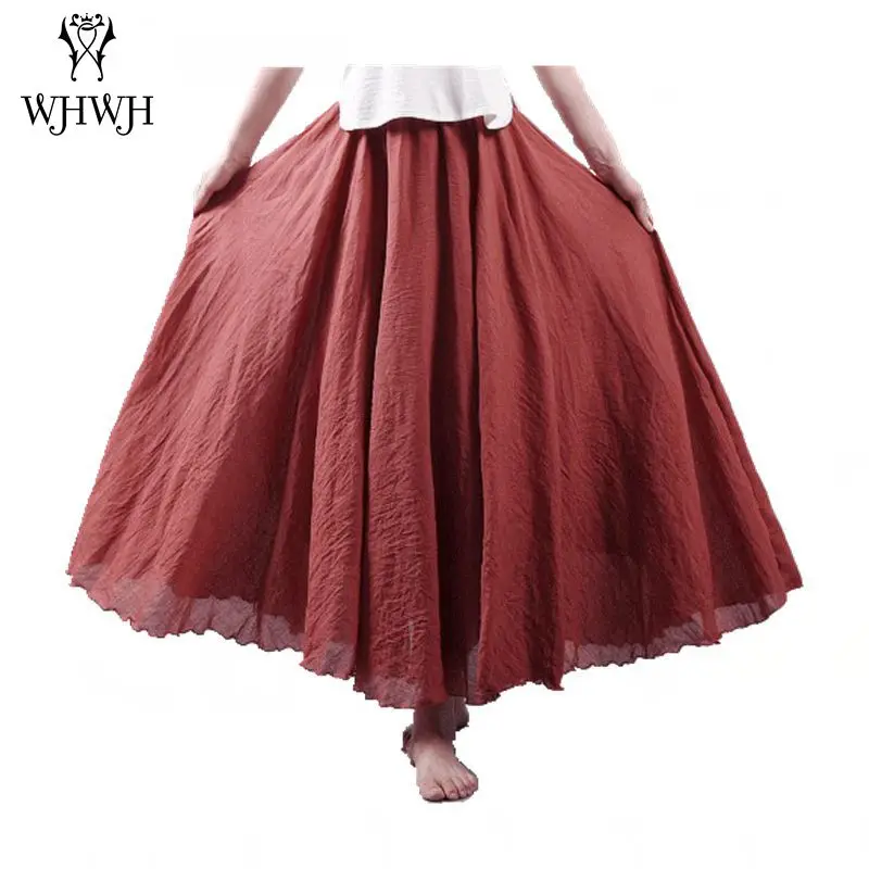 2017 New Women Linen Cotton Long Skirts Elastic Waist Pleated Maxi